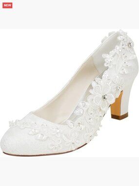 Women's Satin Chunky Heel Pumps with Lace Flower Crystal Pearl Stitching
